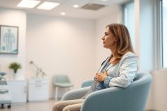 A woman in a light blue jacket sits thoughtfully in a modern medical waiting room. The room features a skeleton anatomical chart, neutral colors, and natural light. Healthcare, patient, and medical themes are prominent.