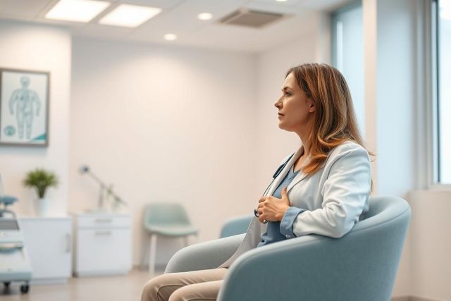 A woman in a light blue jacket sits thoughtfully in a modern medical waiting room. The room features a skeleton anatomical chart, neutral colors, and natural light. Healthcare, patient, and medical themes are prominent.