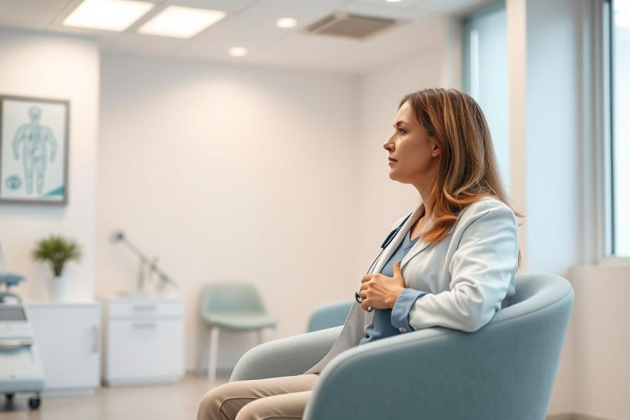 A woman in a light blue jacket sits thoughtfully in a modern medical waiting room. The room features a skeleton anatomical chart, neutral colors, and natural light. Healthcare, patient, and medical themes are prominent.