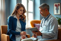 Doctor consults with a patient in a bright, modern office. He's wearing a white coat and stethoscope, reviewing a tablet. The patient is seated comfortably, displaying concern. A warm, inviting atmosphere.