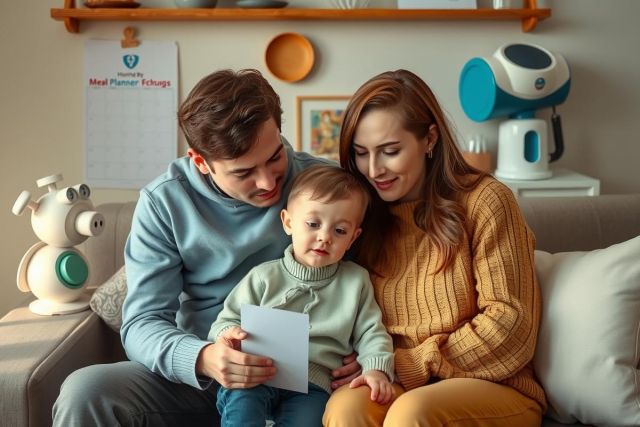In this image, we see a warm and inviting scene of a family moment. A man and woman are seated on a couch with their child, both looking at something in front of them, possibly a book or a card.