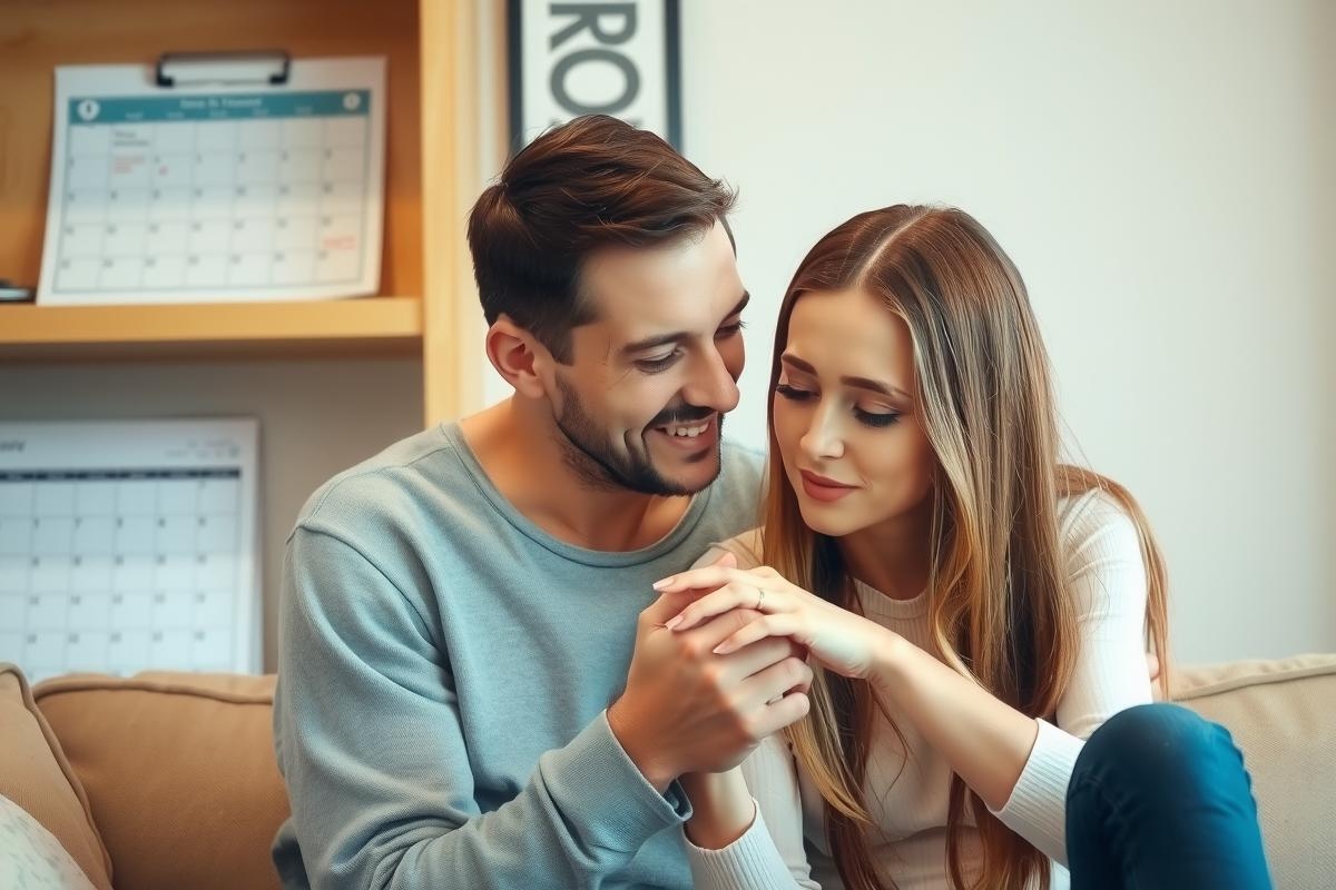 A couple sharing a joyful moment as they show off the ring. They are seated on a sofa, smiling and engaged in an intimate conversation.
