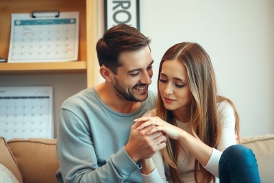 A couple sharing a joyful moment as they show off the ring. They are seated on a sofa, smiling and engaged in an intimate conversation.
