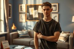 The image features a young man in a modern, brightly lit room. He is standing and looking directly at the camera with a serious expression.