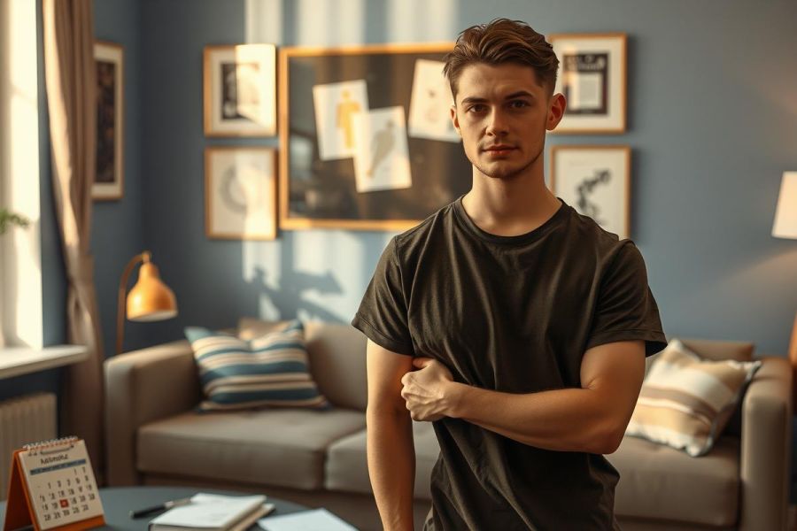 The image features a young man in a modern, brightly lit room. He is standing and looking directly at the camera with a serious expression.