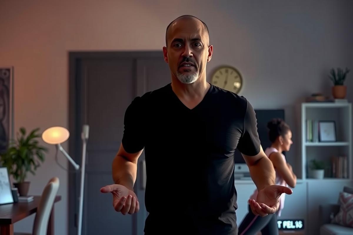 Man in a black shirt standing with his arms outstretched. He is inside a modern home setting, where there's a clock hanging on the wall and other decorative items like potted plants and books.