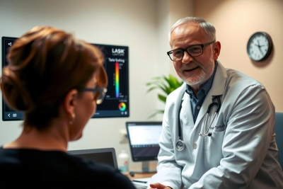 The image depicts a clinical setting where a doctor is interacting with a patient. The doctor, standing behind the desk, has his hand extended towards the patient as if offering a consultation or shaking hands after a visit. The environment suggests an office or clinic setting, indicated by the presence of medical equipment and a clock on the wall.