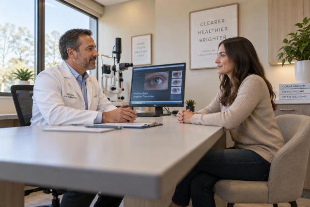 Eye surgeon consulting a patient in an ophthalmology clinic, monitor displaying close-up eye images.