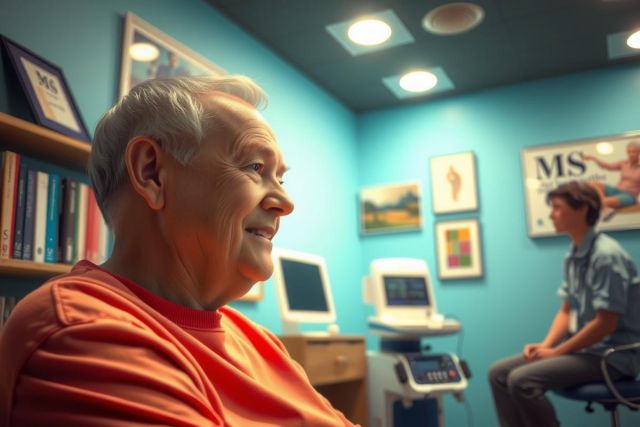 The image shows a medical office environment with an older man seated in a chair, wearing a orange shirt. He is smiling and appears to be receiving care from a healthcare professional who is standing across from him.