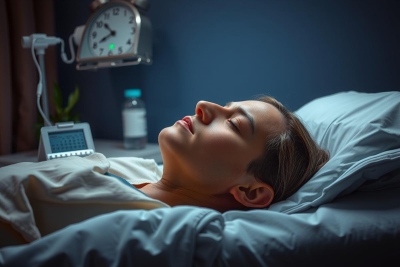 The image shows a person lying in a hospital bed. The individual appears to be resting or asleep, with their eyes closed. The environment suggests a calm and quiet hospital setting with soft lighting, which could indicate that it is nighttime or the room has low ambient light.