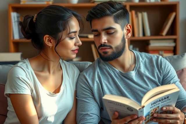 In the image, a man and woman are sitting close together on a couch, engaged in an intimate moment. The man is reading a book, holding it with both hands and appears to be deeply engrossed in its contents. The woman, leaning towards him, has her hand placed near his face, suggesting a caring or affectionate gesture. 