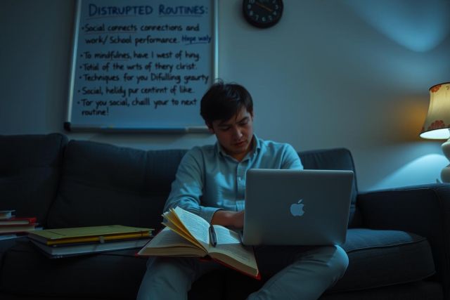 The image shows a young man sitting on a couch in an indoor setting. He is looking at his laptop, which is placed on the armrest of the couch. There are books and papers scattered around him, suggesting he might be studying or working. The environment appears to be a living room with a whiteboard and various notes on it in the background.