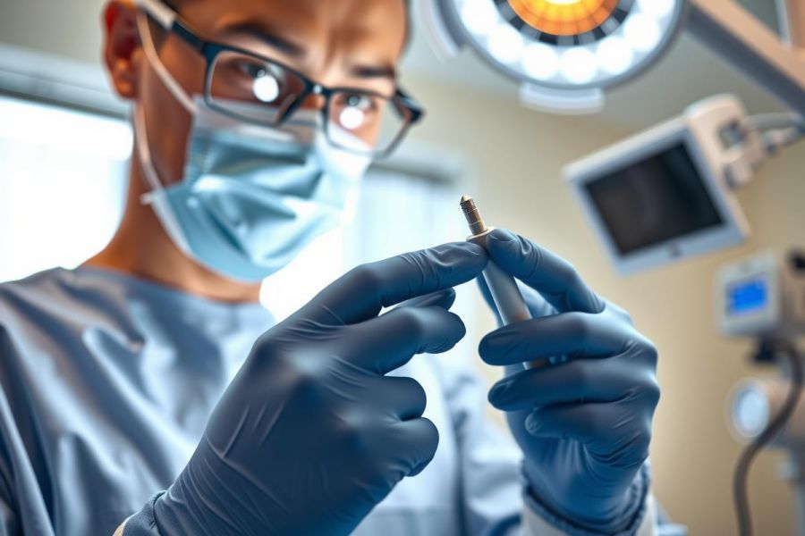 A surgeon in scrubs and gloves examines a surgical instrument in an operating room. Close-up view highlighting medical tools and sterile environment. Blue and gray tones dominate the scene.