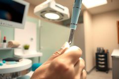 Close-up of a surgical procedure. A hand holds a surgical instrument, likely in an operating room setting. Bright, clinical lighting and a focus on precision highlight the medical context.