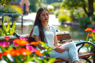 The image depicts a tranquil scene of a woman sitting on a park bench. She is in a relaxed pose with her legs crossed, wearing a casual white top and jeans. The bench is placed next to a vibrant display of pink flowers.
