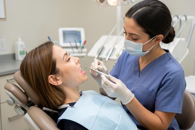 A professional female dentist in blue scrubs and a surgical mask conducts a dental checkup on a patient in a modern dental clinic. The patient is seated in a dental chair wearing a light blue bib. The bright, clean medical setting includes specialized dental tools and equipment.