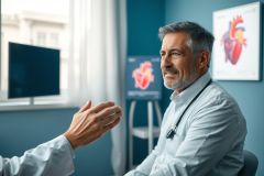 Doctor in consultation, smiling in a medical office. Heart anatomy posters visible. Blue walls, natural light, professional healthcare setting. Cardiology, patient care, medical consultation.