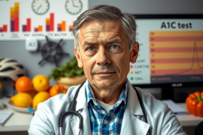 The image shows a male medical doctor in his late forties to fifties, sitting at a desk with various medical supplies. He is wearing a white coat, indicating his profession. In the background, there are charts and graphs suggesting an analytical or research environment, possibly related to health or disease analysis.