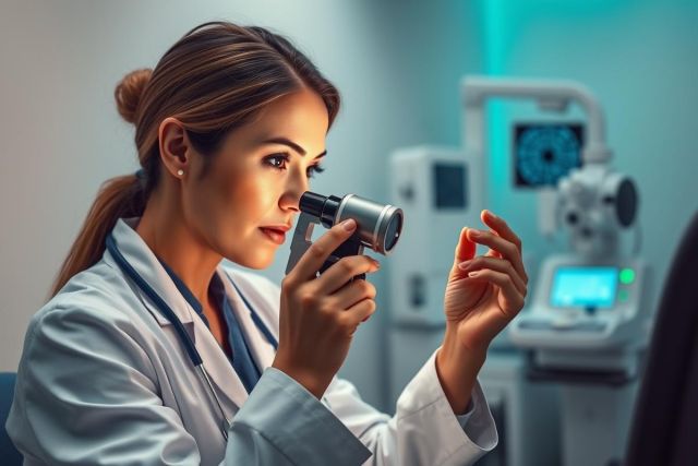Optometrist examining patient's eye with ophthalmoscope in a modern clinic. Professional healthcare setting, blue and white color scheme, focused on eye care and medical diagnostics. 
