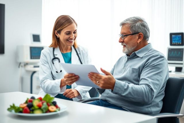 Doctor consults with a senior patient in a bright, modern clinic. They review medical documents while a healthy fruit salad sits on the table. Focus on healthcare, patient care, and wellness in a professional medical setting. Warm colors and a friendly atmosphere.