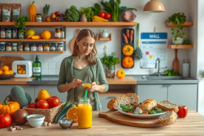 The image features a woman in the middle of preparing a meal in her kitchen. She is standing at a counter with various ingredients such as oranges, carrots, and greens. There are also utensils like a knife and spoons visible. The kitchen has wooden cabinets and white surfaces, giving it a bright and clean appearance. Her focus appears to be on the meal she is preparing, suggesting that the subject matter revolves around cooking or food preparation.