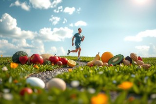 The image captures a lively scene of outdoor fitness. A man is in the midst of a run, his form clear against the soft backdrop of a field. He's wearing a green top and black shorts, with white sneakers that contrast sharply against the grassy terrain beneath him. The field is dotted with vibrant fruits like apples, oranges, bananas, and blueberries, scattered across the ground in no particular order, suggesting a healthy lifestyle theme.