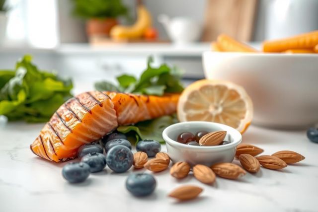 Grilled salmon with blueberries, almonds, and lemon. Healthy food concept on a white surface. Fresh ingredients for a nutritious meal.