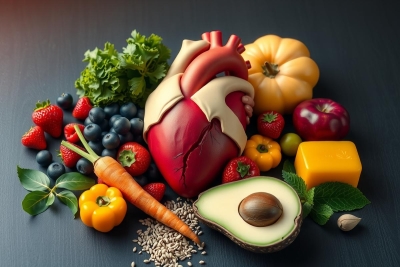 A heart-shaped food arrangement includes a carrot, apple, avocado, berries and seeds. It is set against a healthy eating concept background.