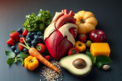 A heart-shaped food arrangement includes a carrot, apple, avocado, berries and seeds. It is set against a healthy eating concept background.
