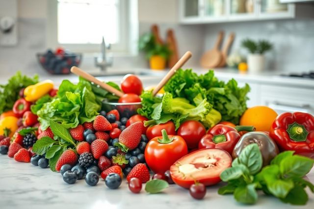 Fresh, vibrant salad ingredients arranged on a marble countertop in a bright kitchen. Includes lettuce, tomatoes, strawberries, blueberries, peppers, and basil. Healthy food, kitchen still life, colorful produce, and wellness concepts.