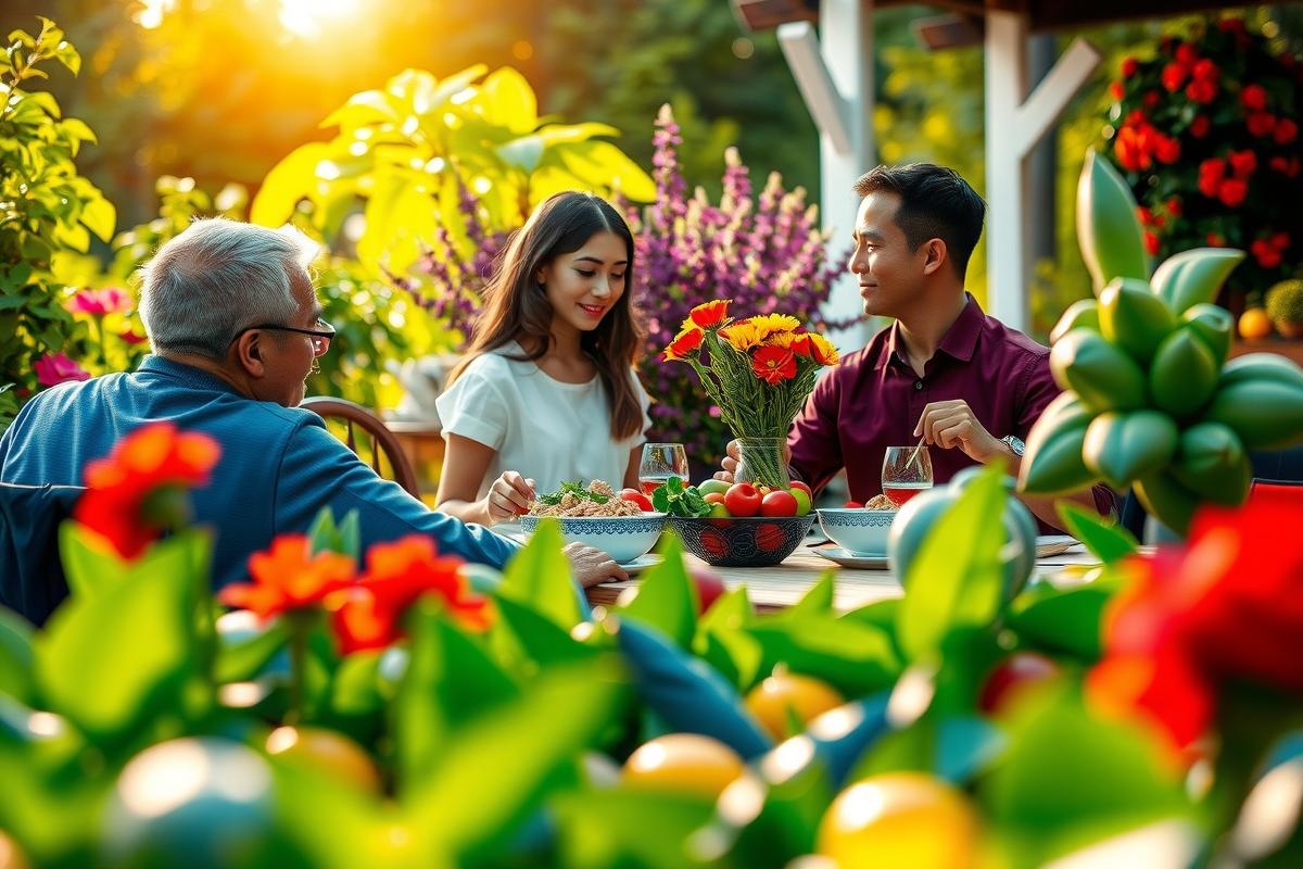 The image captures a lively family gathering in an outdoor garden setting. The family, consisting of three individuals, is seated around a table abundant with vibrant fruits and vegetables.