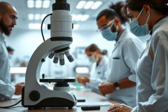 Scientists in lab coats and masks examine samples under a microscope. A bright, modern laboratory setting is visible, focusing on research and scientific analysis.