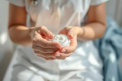 Close-up of hands holding a white skincare cream jar. The image features a bright, natural light setting with a neutral color palette. Focus is on beauty, skincare, and self-care routines. A woman's hands are prominently displayed.