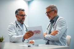 Doctor consults with patient in a modern medical office. The doctor, wearing a white coat and stethoscope, reviews a diagram of the sinuses with a concerned older man. Healthcare, diagnosis, and medical consultation themes are present.