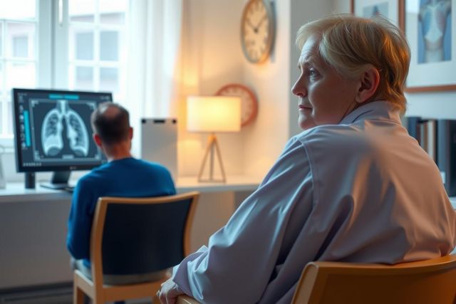 The image portrays a medical office setting where two doctors are engaged in discussion. The woman doctor, wearing her white coat, sits facing the man doctor who is seated on a chair at a desk with a laptop and scanner. They appear to be collaborating or consulting on patient records, as indicated by the medical reports displayed on a computer screen.
