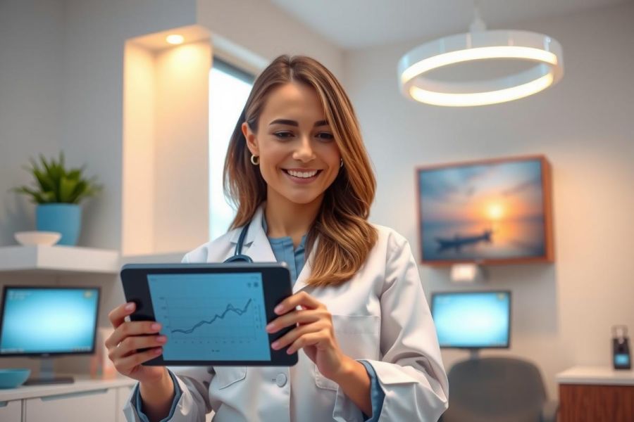 Doctor examining a patient's data on a tablet in a modern healthcare setting. The image shows a female physician in a lab coat, likely reviewing medical charts or test results. Bright, clean environment.
