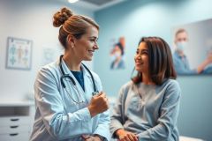 Doctor consults with a patient in a modern, teal-colored clinic. The healthcare professional, wearing a white coat and stethoscope, engages in a friendly conversation with a smiling woman. Medical posters are visible in the background, conveying a healthcare setting.