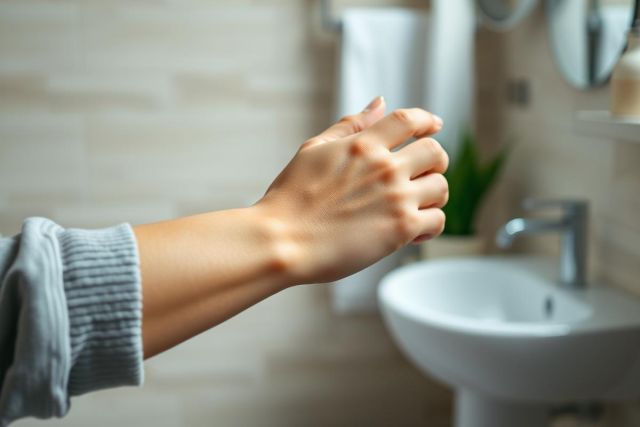 Close-up of a hand washing in a modern bathroom. Neutral tones of beige and white dominate the scene, with a focus on hygiene and cleanliness. A sink and mirror are visible in the background. Handwashing, bathroom, hygiene, clean, wellness.