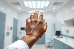 Close-up of a dark-skinned hand reaching towards a bright, modern medical office ceiling. The sterile environment features blue and white accents, suggesting a healthcare setting. Focus on hand, medical, clinic, office, and bright lighting.