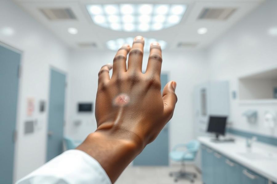 Close-up of a dark-skinned hand reaching towards a bright, modern medical office ceiling. The sterile environment features blue and white accents, suggesting a healthcare setting. Focus on hand, medical, clinic, office, and bright lighting.