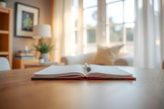 Open notebook on a wooden table in a bright, cozy room with a window and plants. A pen rests on the pages, suggesting creativity and journaling.