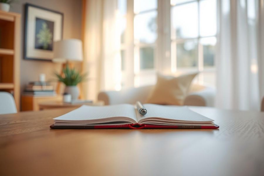 Open notebook on a wooden table in a bright, cozy room with a window and plants. A pen rests on the pages, suggesting creativity and journaling.