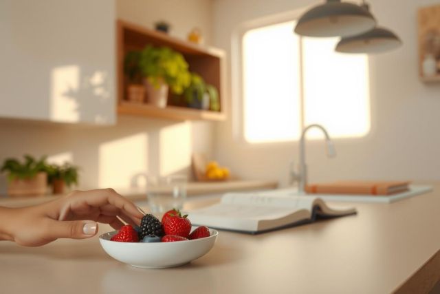 Close-up of a bowl of fresh strawberries and blueberries on a kitchen counter. Natural light, healthy food, simple, minimalist aesthetic.
