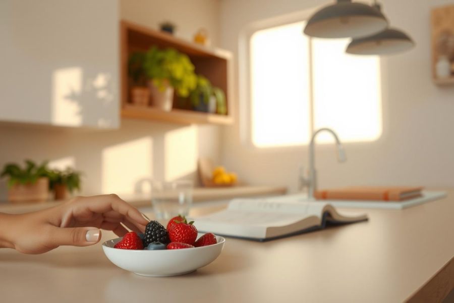 Close-up of a bowl of fresh strawberries and blueberries on a kitchen counter. Natural light, healthy food, simple, minimalist aesthetic.