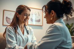 Doctor consultation in a bright, modern clinic. A female doctor in a white coat speaks with a patient, showcasing healthcare and wellness. Warm lighting and a neutral color palette create a professional and comforting atmosphere. Focus on patient care and medical examination.
