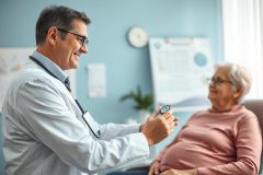 Doctor examining an elderly patient in a bright, modern medical office. The physician, wearing a white coat, is showing the patient a medical device. A warm, friendly atmosphere suggests a routine check-up or consultation. Blue walls and natural light create a calming environment. Healthcare, senior care, and doctor-patient interaction are key themes.