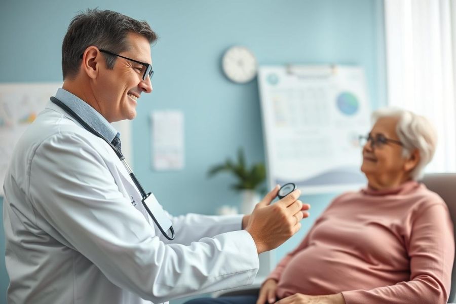 Doctor examining an elderly patient in a bright, modern medical office. The physician, wearing a white coat, is showing the patient a medical device. A warm, friendly atmosphere suggests a routine check-up or consultation. Blue walls and natural light create a calming environment. Healthcare, senior care, and doctor-patient interaction are key themes.
