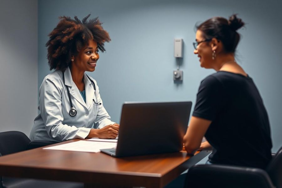 Doctor consults with patient in a modern office setting. Healthcare professional in white coat discusses concerns with a woman at a desk with a laptop. Blue walls and warm lighting create a professional atmosphere.