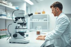 Scientist in a modern laboratory using a microscope. The scene features a white lab coat, scientific equipment, and a clean, bright environment with shelves filled with bottles. Focus is on research, science, and laboratory work. White and neutral colors dominate the image.