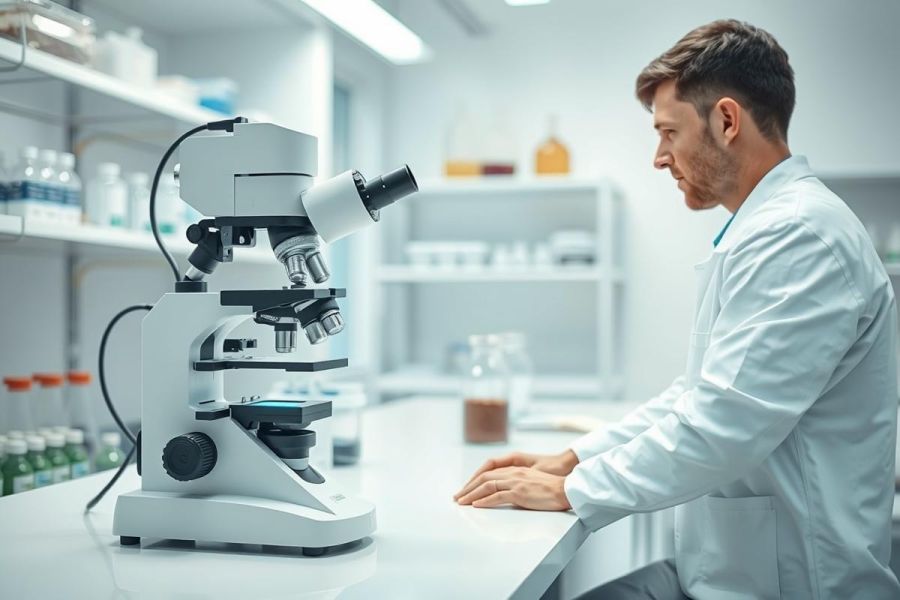 Scientist in a modern laboratory using a microscope. The scene features a white lab coat, scientific equipment, and a clean, bright environment with shelves filled with bottles. Focus is on research, science, and laboratory work. White and neutral colors dominate the image.